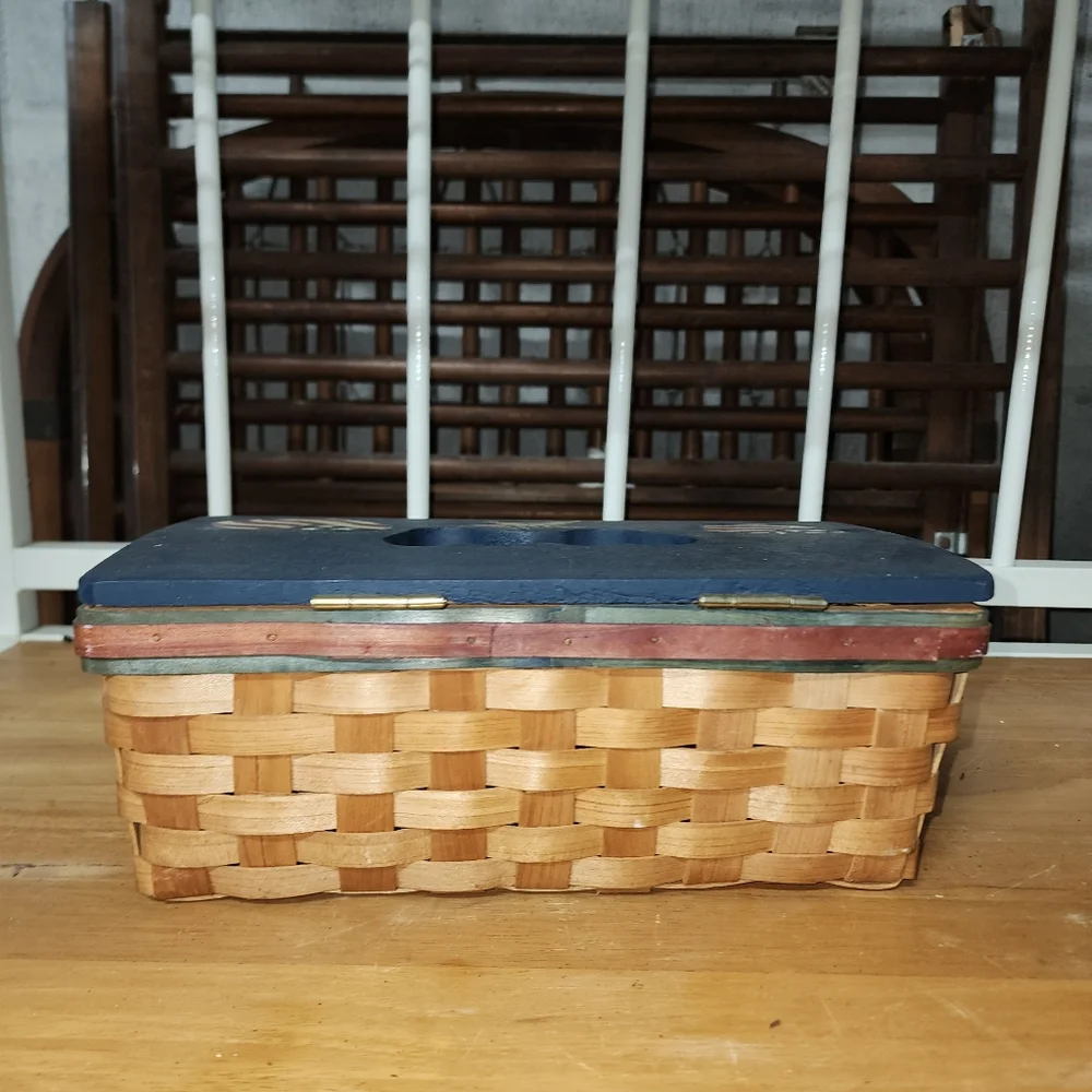 Tissue box Basket holder red, white & blue motif on top. Great shape as shown.
